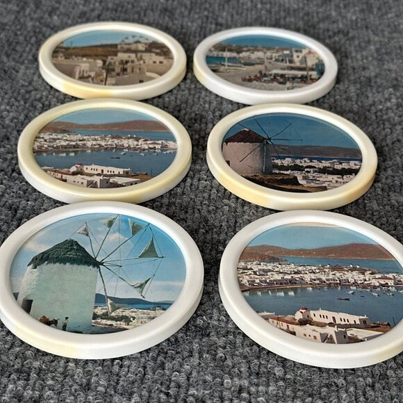 Vintage Greece Coasters White Plastic Travel Destination Photographs Set of 6 - Picture 6 of 13